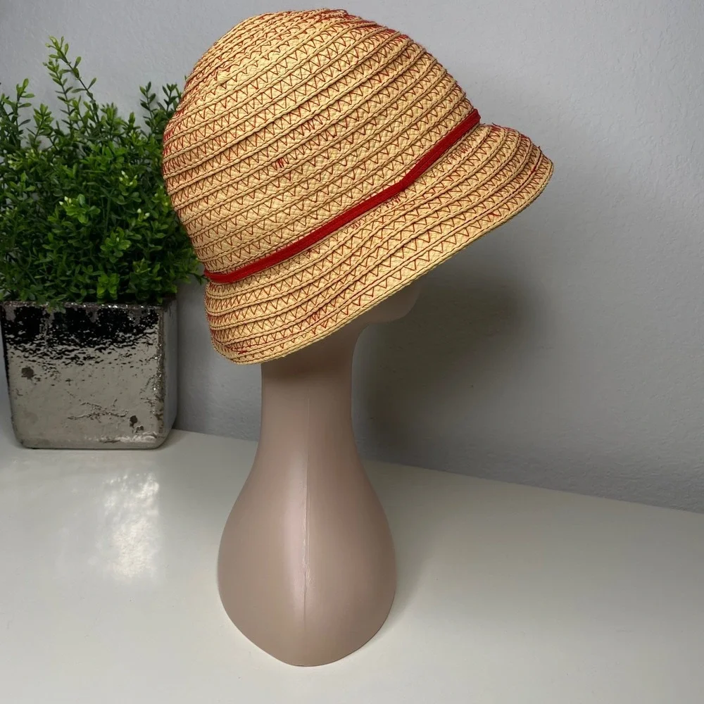 Ann‎ Taylor Womens Straw Bucket Hat Tan Red Zigzag Stitch Sun Hat Cottagecore